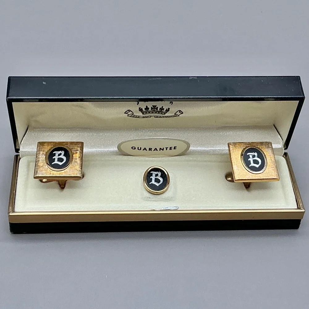 Swank Cufflinks Mens Gold Tone Initial B Monogram Square Vintage Set 0.75 In